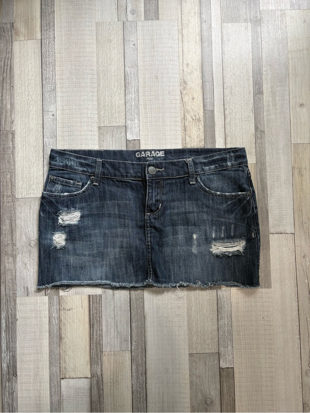 Garage Dark Wash Distressed Denim Mini Skirt
